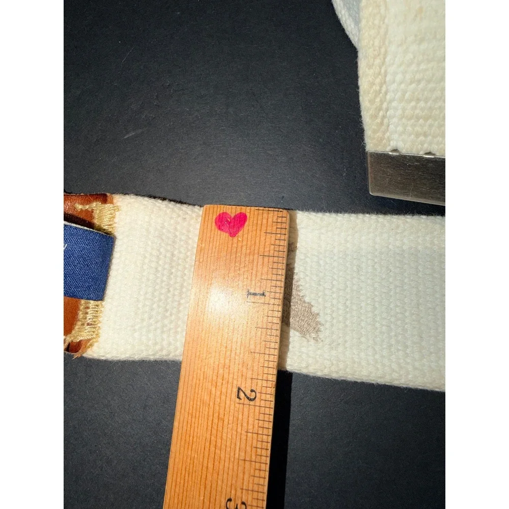 American Eagle Mens Cream Cotton Web Belt Leather Trim Eagle Logo Sz Large